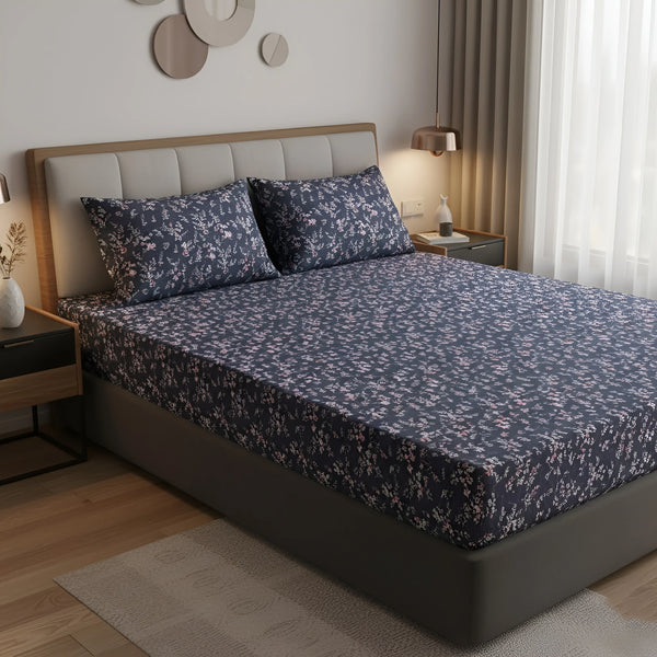 Queen Size 210 TC Elastic Fitted Cotton Bedsheet Set with 2 Pillow Covers (72 × 78 Inches)