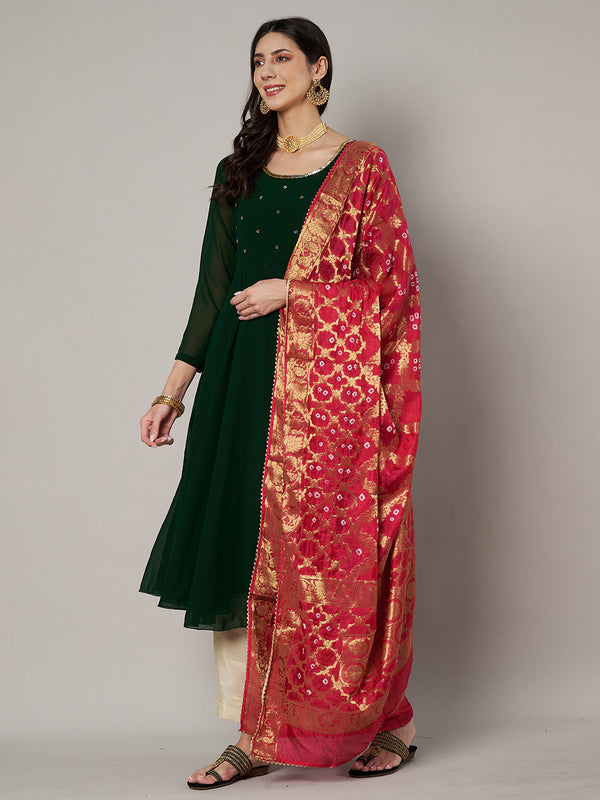 Red Silk Gharchola Bandhej Dupatta with Gold Zari Border (Size: 2.5x1 m Approx)