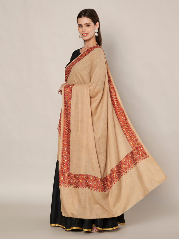 Beige Woolen Women Shawl with Traditional Embroidered Border (80 x 40 Inches)
