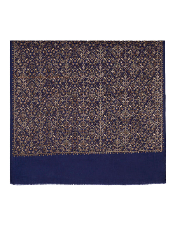 Woolen Women Shawl in Blue with All-Over Floral Jaal Weave (80 x 40 Inches)