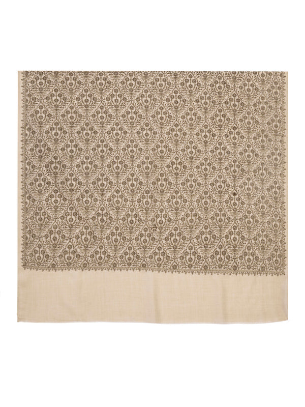 Woolen Women Shawl in Beige with All-Over Floral Jaal Weave (80 x 40 Inches)