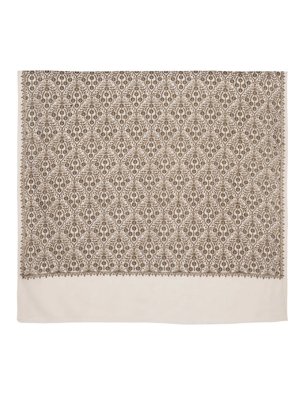 Woolen Women Shawl in White with All-Over Floral Jaal Weave (80 x 40 Inches)
