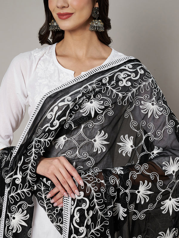 Black Karachi Chiffon Dupatta with Elegant Thread Embroidery (Size: 2.5x1 m Approx)