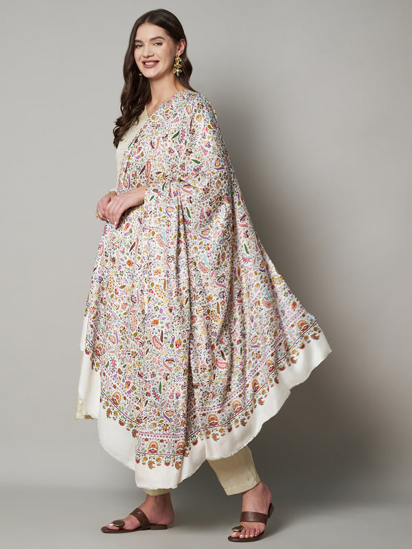 Printed Bamboo Silk Women Shawl – White Floral Statement Wrap (80 x 40 Inches)