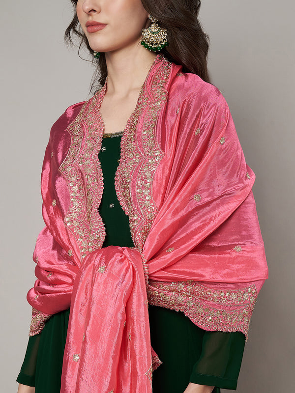 Pink Chinon Dupatta with Scalloped Embroidered Border & Sequin Motifs (Size: 2.5x1 m Approx)