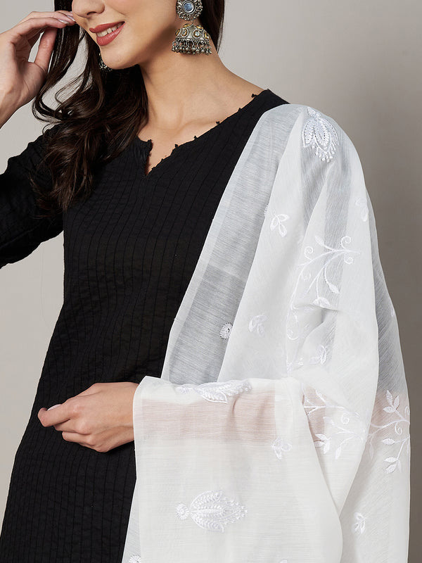 White Chanderi Cotton Dupatta with Subtle Floral Embroidery (Size: 2.5x1 m Approx)