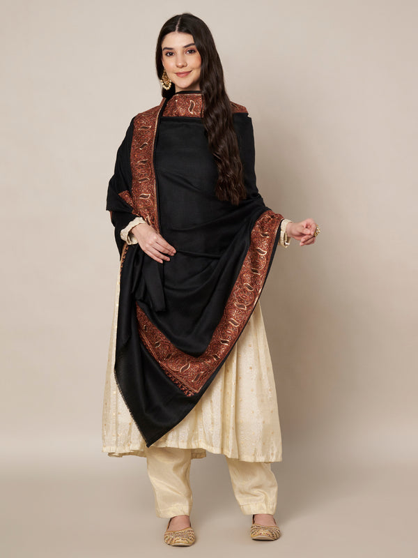 Woolen Women Shawl in Warm Black with Intricate Traditional Embroidered Border (80 x 40 Inches)