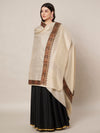 Woolen Women Shawl in Beige with Embroidered Traditional Border (80 x 40 Inches)