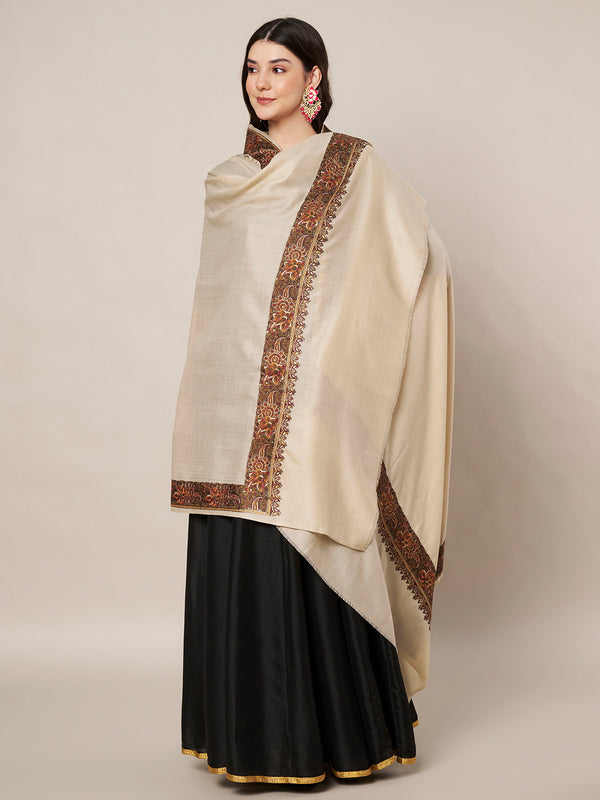 Woolen Women Shawl in Beige with Embroidered Traditional Border (80 x 40 Inches)