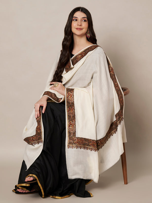 Woolen Women Shawl in White with Embroidered Traditional Border (80 x 40 Inches)