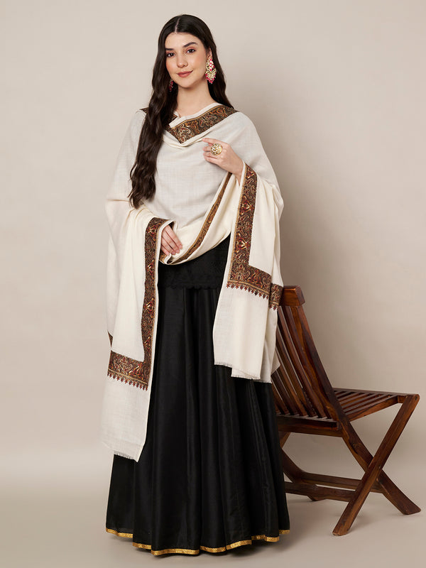 Ivory Woolen Women Shawl with Traditional Multicolour Embroidered Border (80 x 40 Inches)