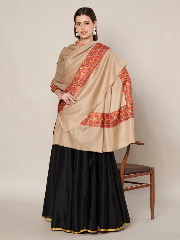 Brown Woolen Women Shawl with Traditional Embroidered Border (80 x 40 Inches)