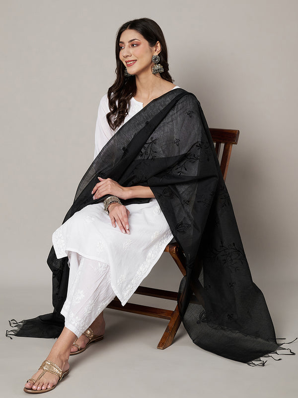 Black Chanderi Cotton Dupatta with Subtle Floral Embroidery (Size: 2.5x1 m Approx)