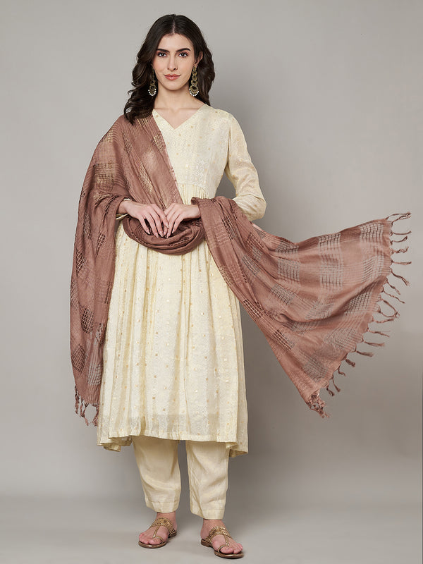 Brown Cotton Woven Check Dupatta with Tassel Detailing (Size: 2.5x1 m Approx)