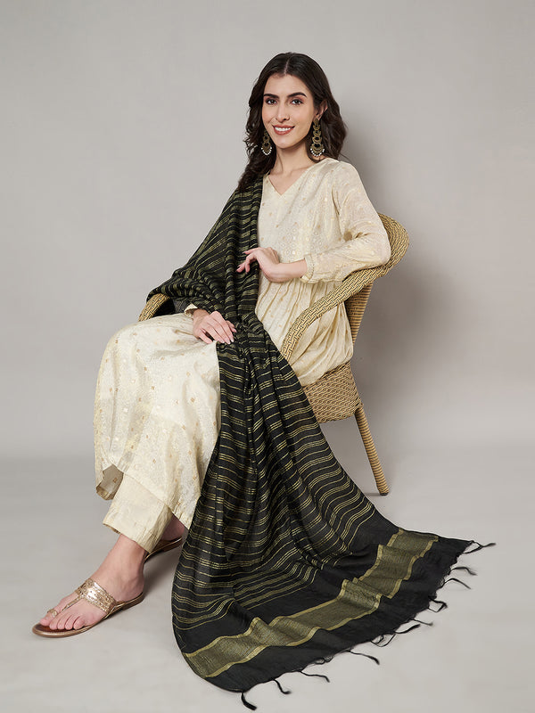 Black & Olive Cotton Dupatta with Subtle Striped Weave and Woven Border (Size: 2.5x1 m Approx)