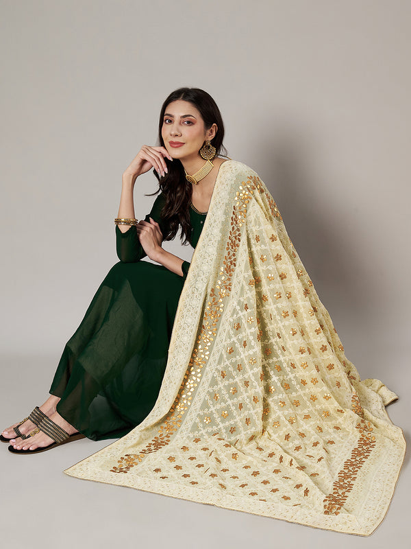 Ivory Georgette Dupatta with Gold Foil Booti & Lace Border (Size: 2.5x1 m Approx)