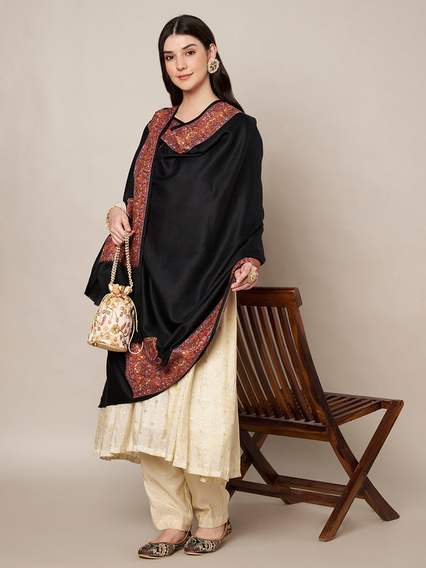 Woolen Women Shawl in Black with Multicolour Kashmiri-Inspired Embroidered Border (80 x 40 Inches)