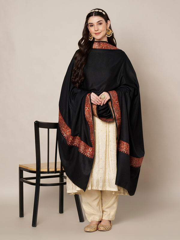 Black Woolen Women Shawl with Traditional Multicolour Embroidered Border (80 x 40 Inches)