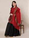 Woolen Women Shawl in Deep Maroon with Embroidered Traditional Border (80 x 40 Inches)