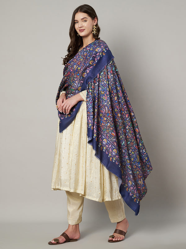 Printed Bamboo Silk Women Shawl – Blue Floral Statement Wrap (80 x 40 Inches)