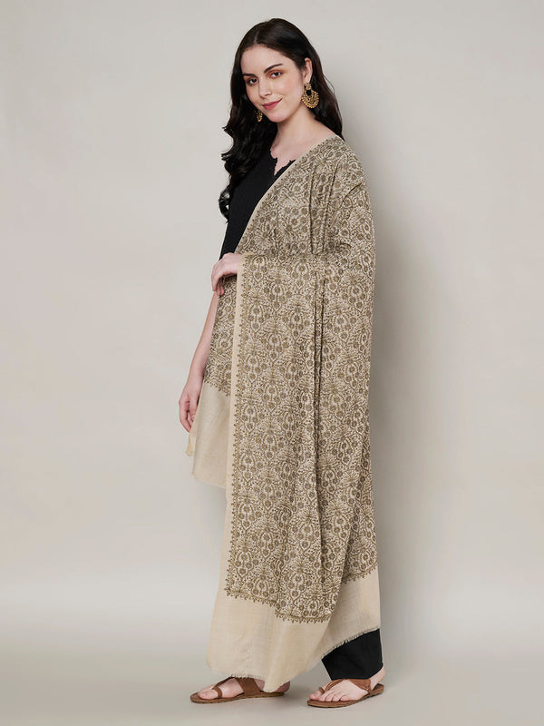 Woolen Women Shawl in Beige with All-Over Floral Jaal Weave (80 x 40 Inches)