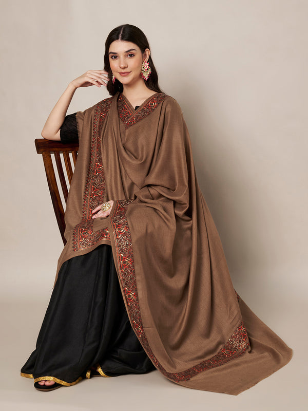 Brown Woolen Women Shawl with Traditional Multicolour Embroidered Border (80 x 40 Inches)