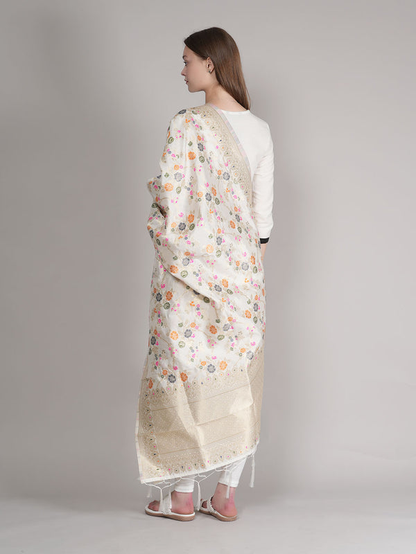 White Paithani Silk Dupatta with Multicolour Floral Zari Weave (Size: 2.5x1 m Approx)