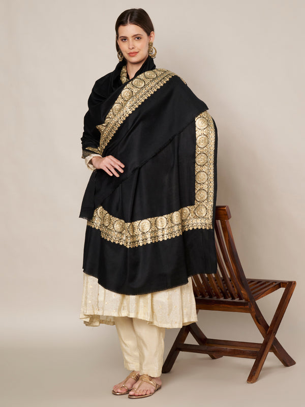 Black Woolen Women Shawl with Gold Border – 80x40 Inches