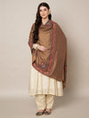 Woolen Women Shawl in Brown with Multicolour Kashmiri-Inspired Embroidered Border (80 x 40 Inches)