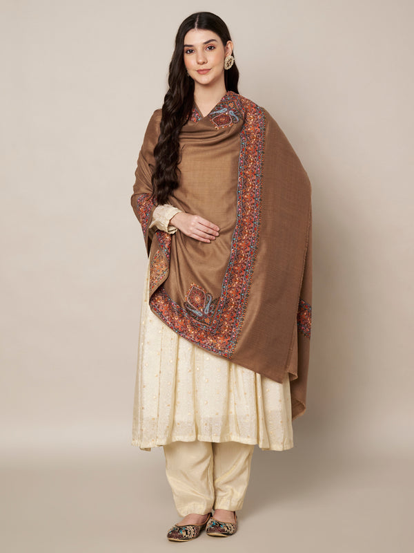 Woolen Women Shawl in Brown with Multicolour Kashmiri-Inspired Embroidered Border (80 x 40 Inches)