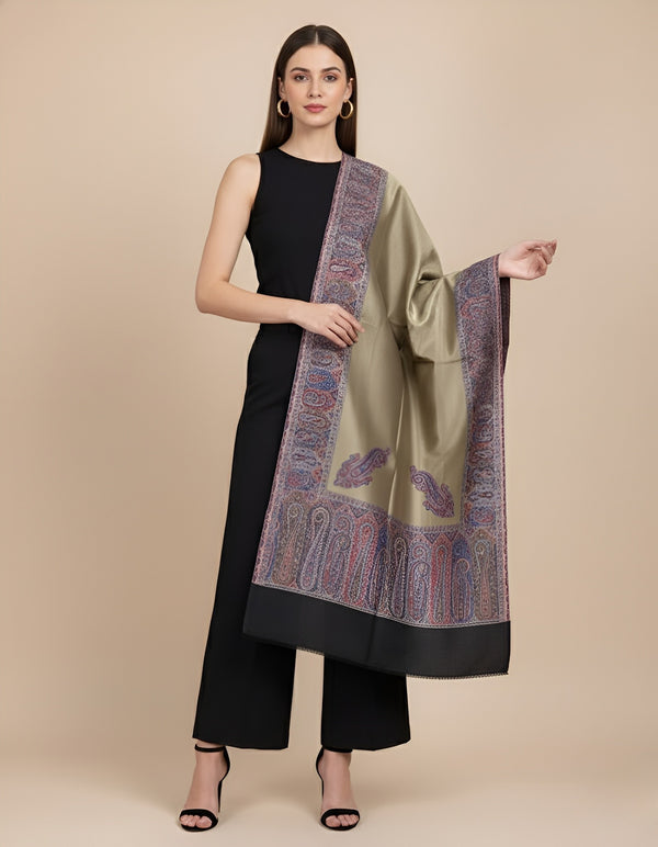 Bamboo Silk Gold Women Shawl with Intricate Paisley Border | Elegant Heritage Wrap (80 × 40 Inches)