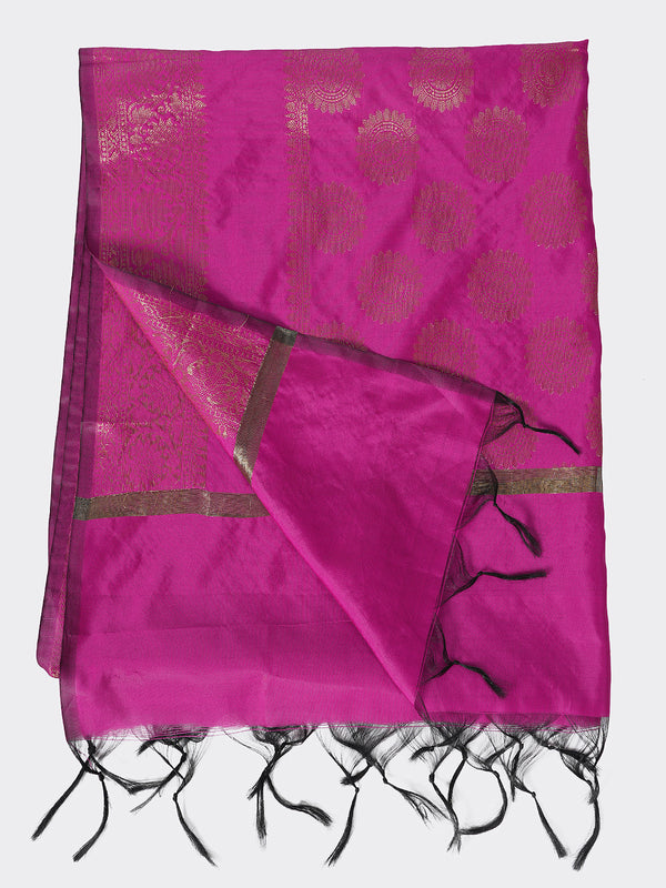 Pink Banarasi Silk Dupatta with Woven Butti Motifs & Zari Border (Size: 2.5x1 m Approx)