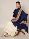 Solid Blue Woolen Women Shawl with Rich Embroidered Border – 80 x 40 Inches
