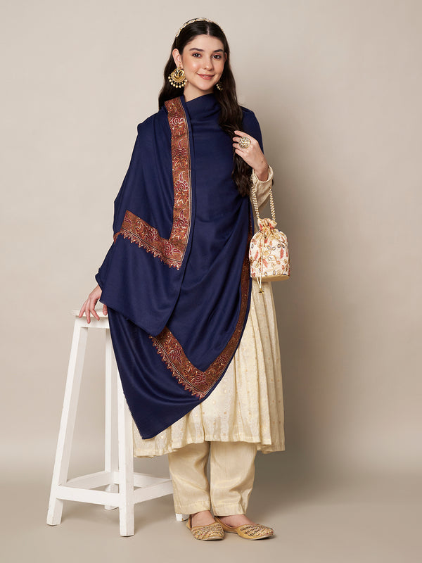 Woolen Women Shawl in Blue with Embroidered Traditional Border (80 x 40 Inches)