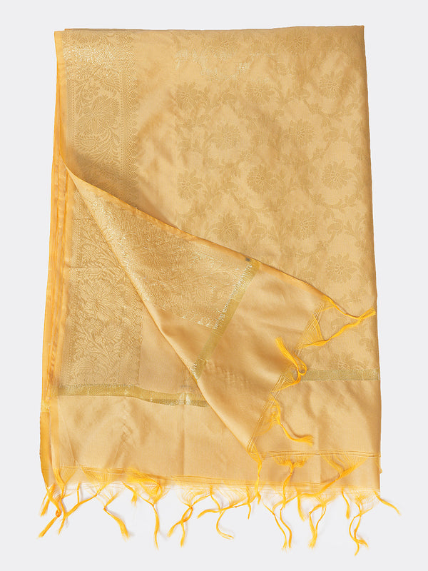 Cream Banarasi Silk Dupatta with All-Over Woven Floral Motifs & Rich Zari Border (Size: 2.5x1 m Approx)
