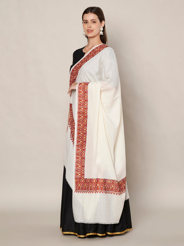 White Woolen Women Shawl with Traditional Embroidered Border (80 x 40 Inches)