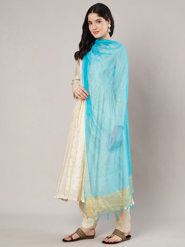Aqua Chanderi Silk Dupatta with Gold Border & Tassels (Size: 2.5x1 m Approx)