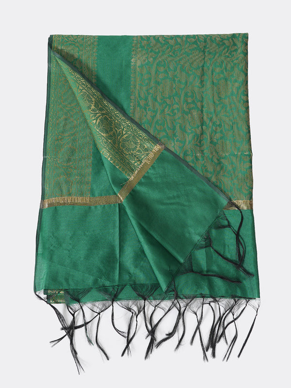 Green Banarasi Silk Dupatta with All-Over Woven Floral Motifs & Rich Zari Border (Size: 2.5x1 m Approx)