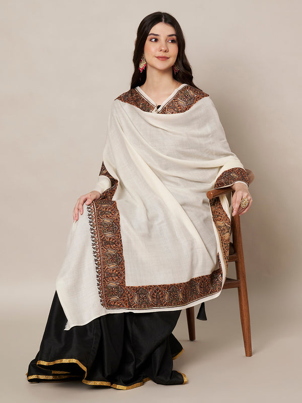 Woolen Women Shawl in Warm White with Intricate Traditional Embroidered Border (80 x 40 Inches)