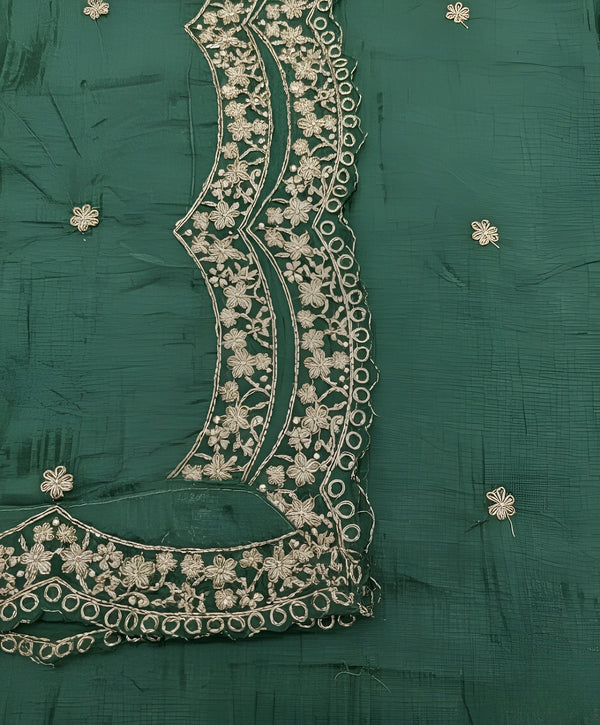 Bottle Green Chinon Dupatta with Scalloped Embroidered Border & Sequin Motifs (Size: 2.5x1 m Approx)