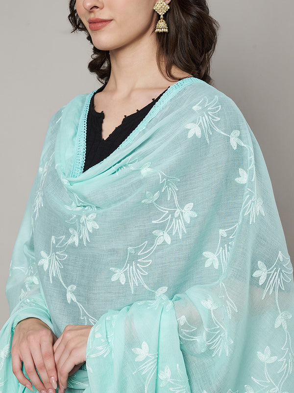 Soft Blue Dupatta with Cotton Thread Floral Embroidery & Lace Border (Size: 2.5x1 m Approx)