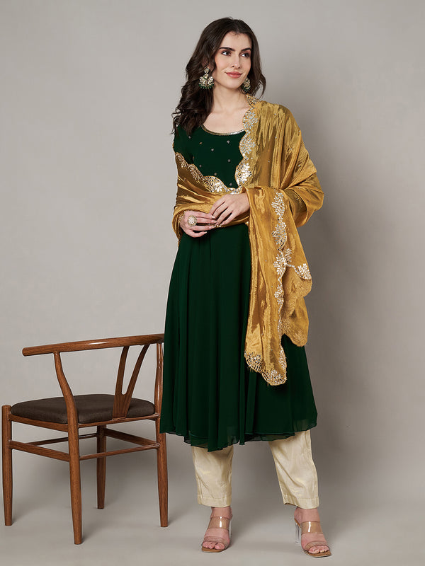 Gold Silk Dupatta with Scalloped Cutwork Border & Sequin Highlights (Size: 2.5x1 m Approx)