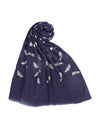 Micro Wool Navy Blue Feather Motif Women Stole | Soft Wrap with Subtle Woven Accents (80 × 28 Inches)