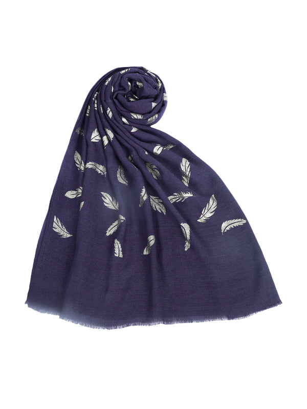 Micro Wool Navy Blue Feather Motif Women Stole | Soft Wrap with Subtle Woven Accents (80 × 28 Inches)