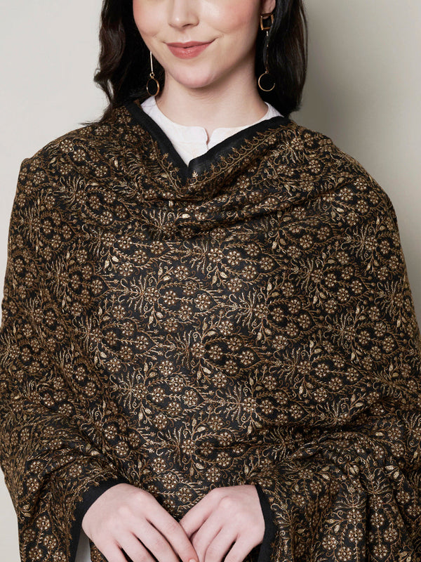 Woolen Women Shawl in Black with All-Over Floral Jaal Weave (80 x 40 Inches)