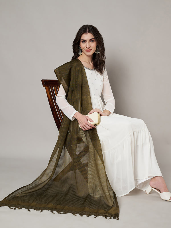 Elegant Bottle Green Cotton Dupatta with Subtle Woven Stripes & Tassel Detailing (Size: 2.5x1 m Approx)