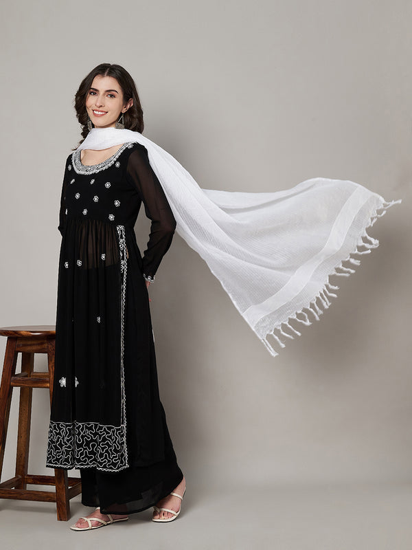 Elegant White Cotton Dupatta with Subtle Woven Stripes & Tassel Detailing (Size: 2.5x1 m Approx)