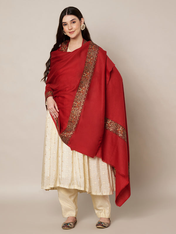 Red Woolen Women Shawl with Traditional Multicolour Embroidered Border (80 x 40 Inches)