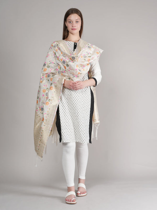 White Paithani Silk Dupatta with Multicolour Floral Zari Weave (Size: 2.5x1 m Approx)