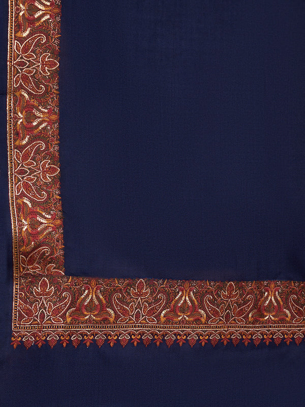 Blue Woolen Women Shawl with Traditional Multicolour Embroidered Border (80 x 40 Inches)